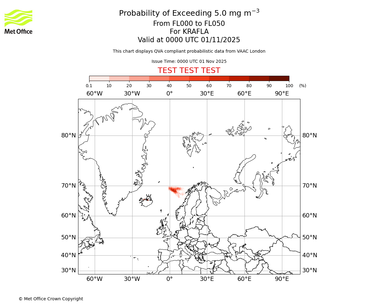 Probability of exceeding 5.0 milligrams per metre cubed. From 000 to 050 for KRAFLA. Valid at 0000 UTC 01/11/2025