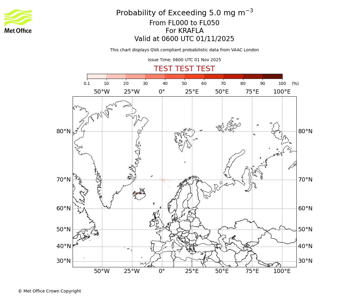 Probability of exceeding 5.0 milligrams per metre cubed. From 000 to 050 for KRAFLA. Valid at 0600 UTC 01/11/2025
