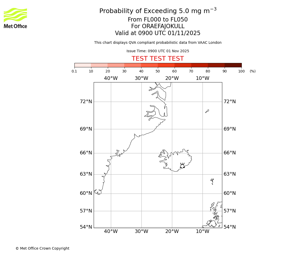 Probability of exceeding 5.0 milligrams per metre cubed. From 000 to 050 for ORAEFAJOKULL. Valid at 0900 UTC 01/11/2025