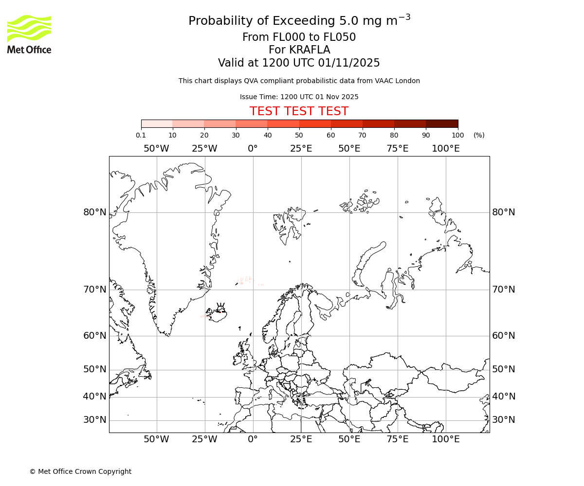 Probability of exceeding 5.0 milligrams per metre cubed. From 000 to 050 for KRAFLA. Valid at 1200 UTC 01/11/2025