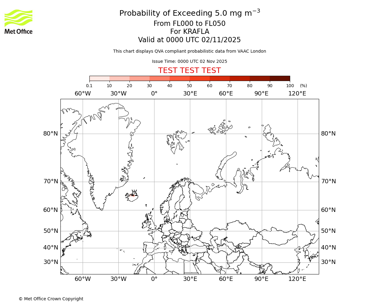 Probability of exceeding 5.0 milligrams per metre cubed. From 000 to 050 for KRAFLA. Valid at 0000 UTC 02/11/2025