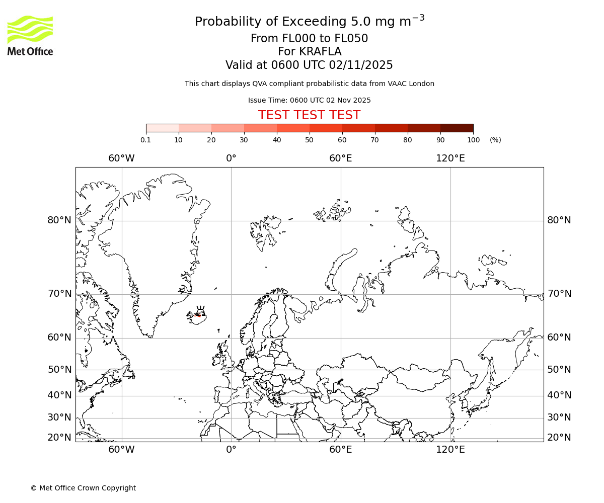Probability of exceeding 5.0 milligrams per metre cubed. From 000 to 050 for KRAFLA. Valid at 0600 UTC 02/11/2025
