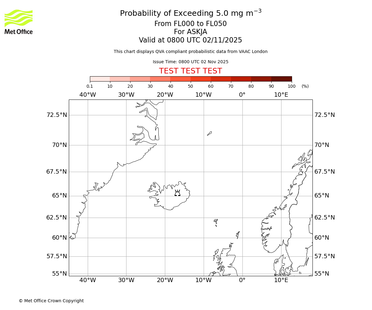 Probability of exceeding 5.0 milligrams per metre cubed. From 000 to 050 for ASKJA. Valid at 0800 UTC 02/11/2025