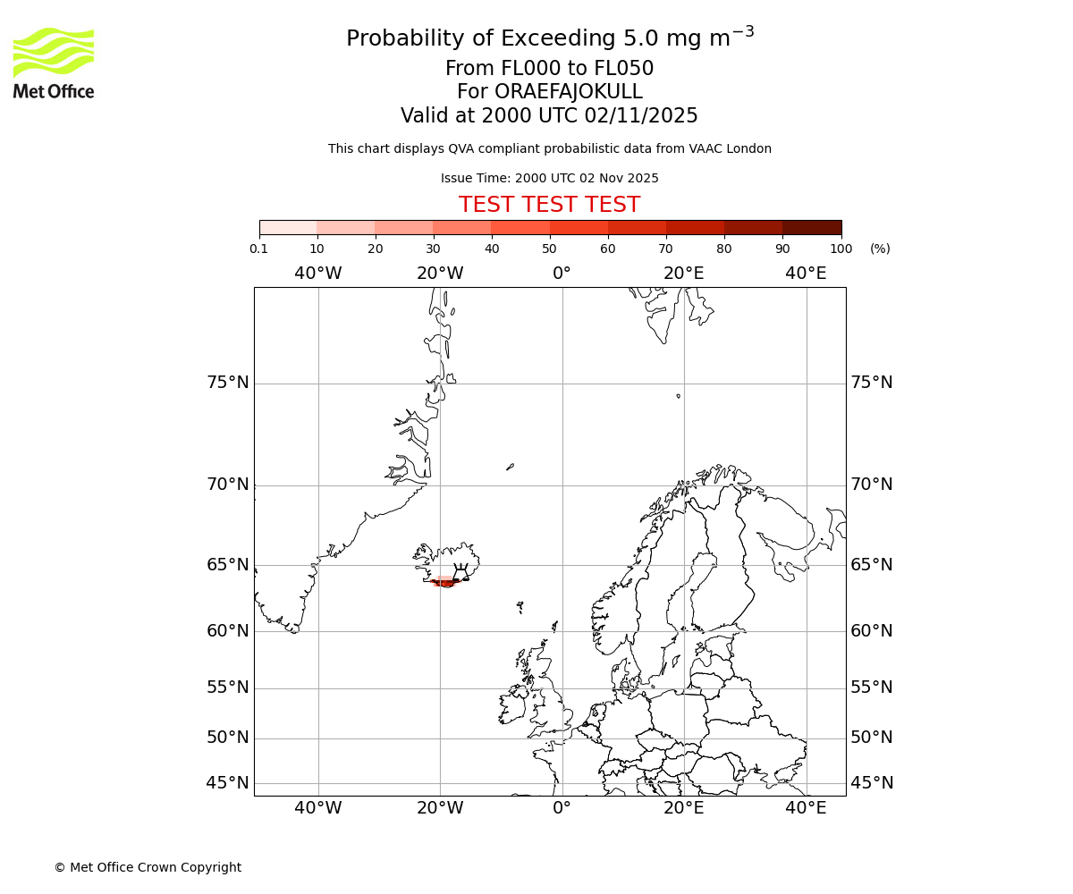 Probability of exceeding 5.0 milligrams per metre cubed. From 000 to 050 for ORAEFAJOKULL. Valid at 2000 UTC 02/11/2025