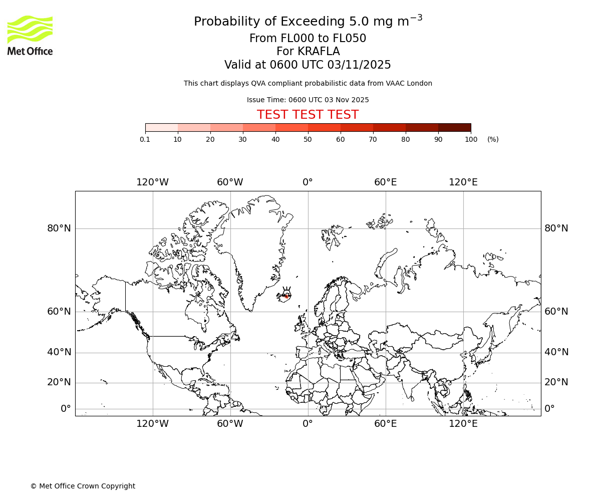 Probability of exceeding 5.0 milligrams per metre cubed. From 000 to 050 for KRAFLA. Valid at 0600 UTC 03/11/2025