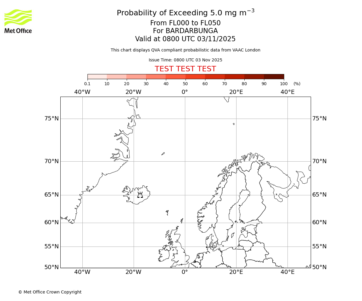 Probability of exceeding 5.0 milligrams per metre cubed. From 000 to 050 for BARDARBUNGA. Valid at 0800 UTC 03/11/2025