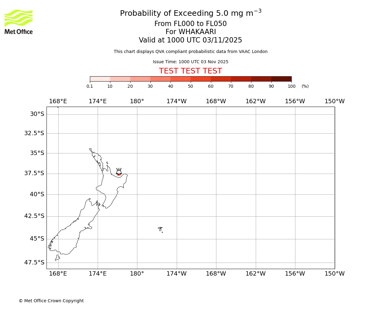 Probability of exceeding 5.0 milligrams per metre cubed. From 000 to 050 for WHAKAARI. Valid at 1000 UTC 03/11/2025