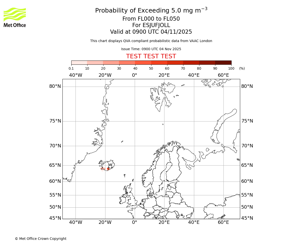 Probability of exceeding 5.0 milligrams per metre cubed. From 000 to 050 for ESJUFJOLL. Valid at 0900 UTC 04/11/2025