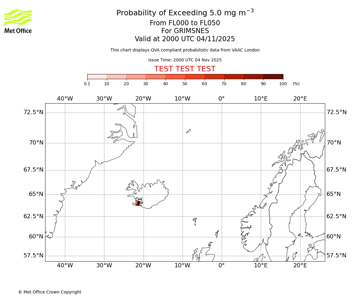 Probability of exceeding 5.0 milligrams per metre cubed. From 000 to 050 for GRIMSNES. Valid at 2000 UTC 04/11/2025