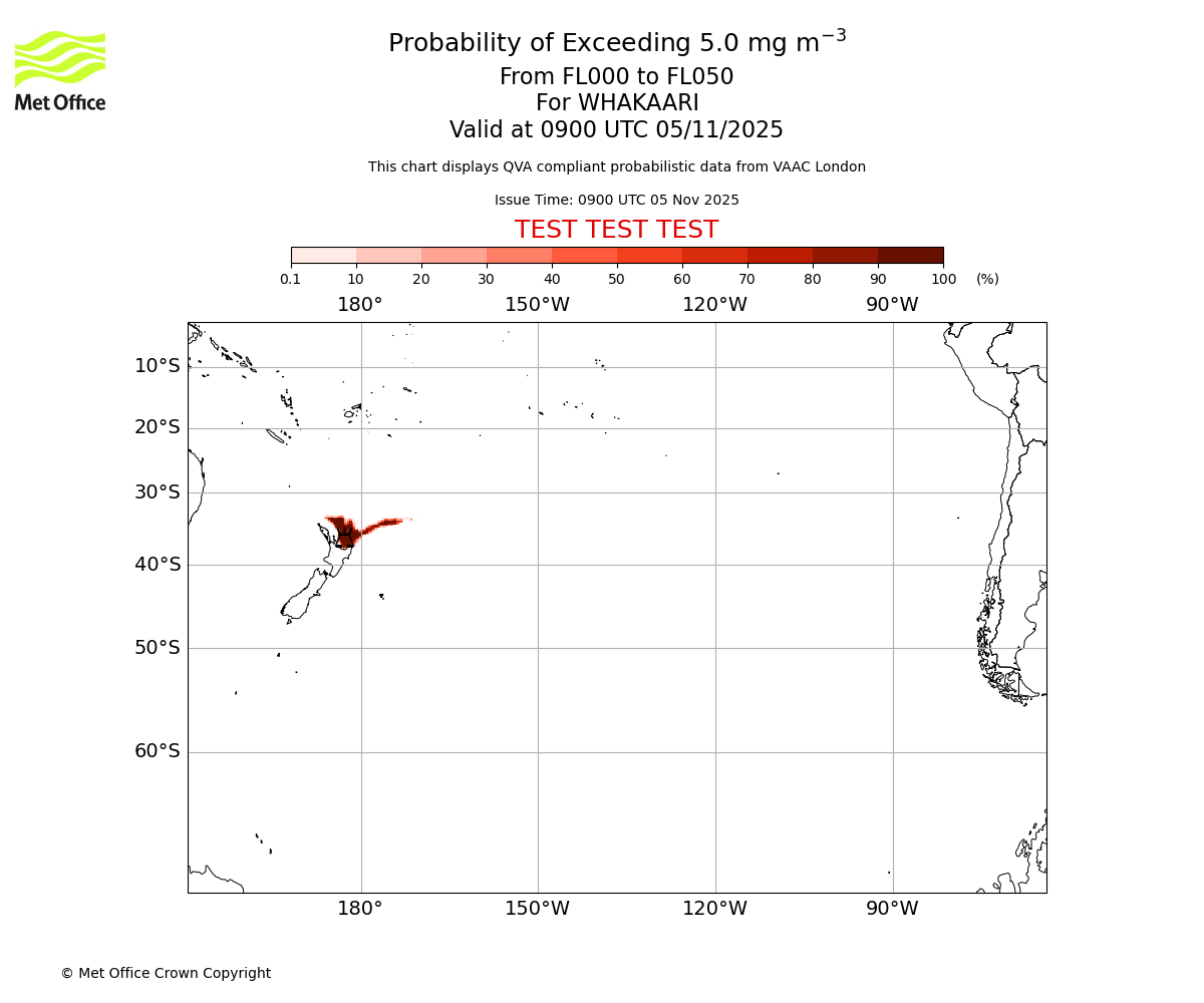 Probability of exceeding 5.0 milligrams per metre cubed. From 000 to 050 for WHAKAARI. Valid at 0900 UTC 05/11/2025