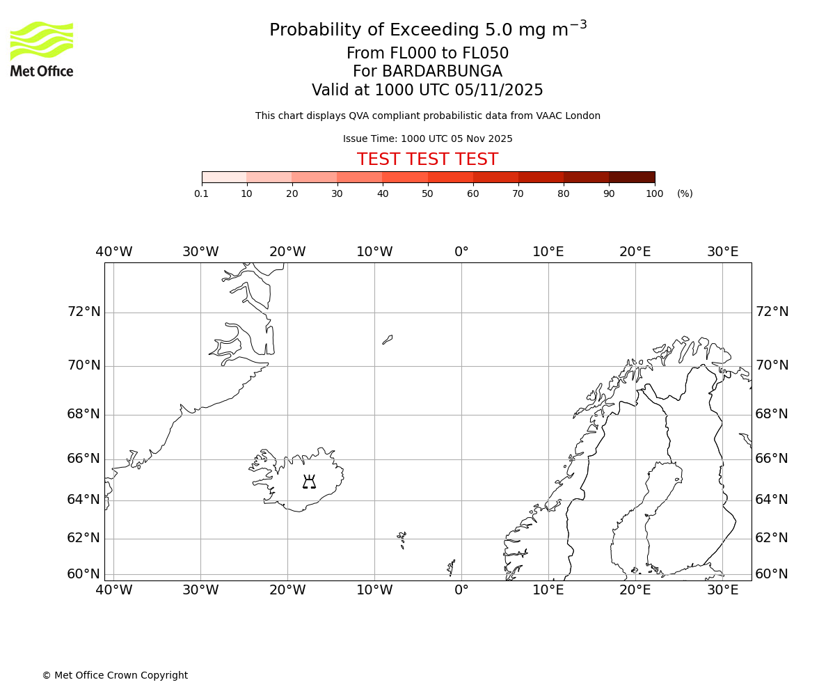 Probability of exceeding 5.0 milligrams per metre cubed. From 000 to 050 for BARDARBUNGA. Valid at 1000 UTC 05/11/2025