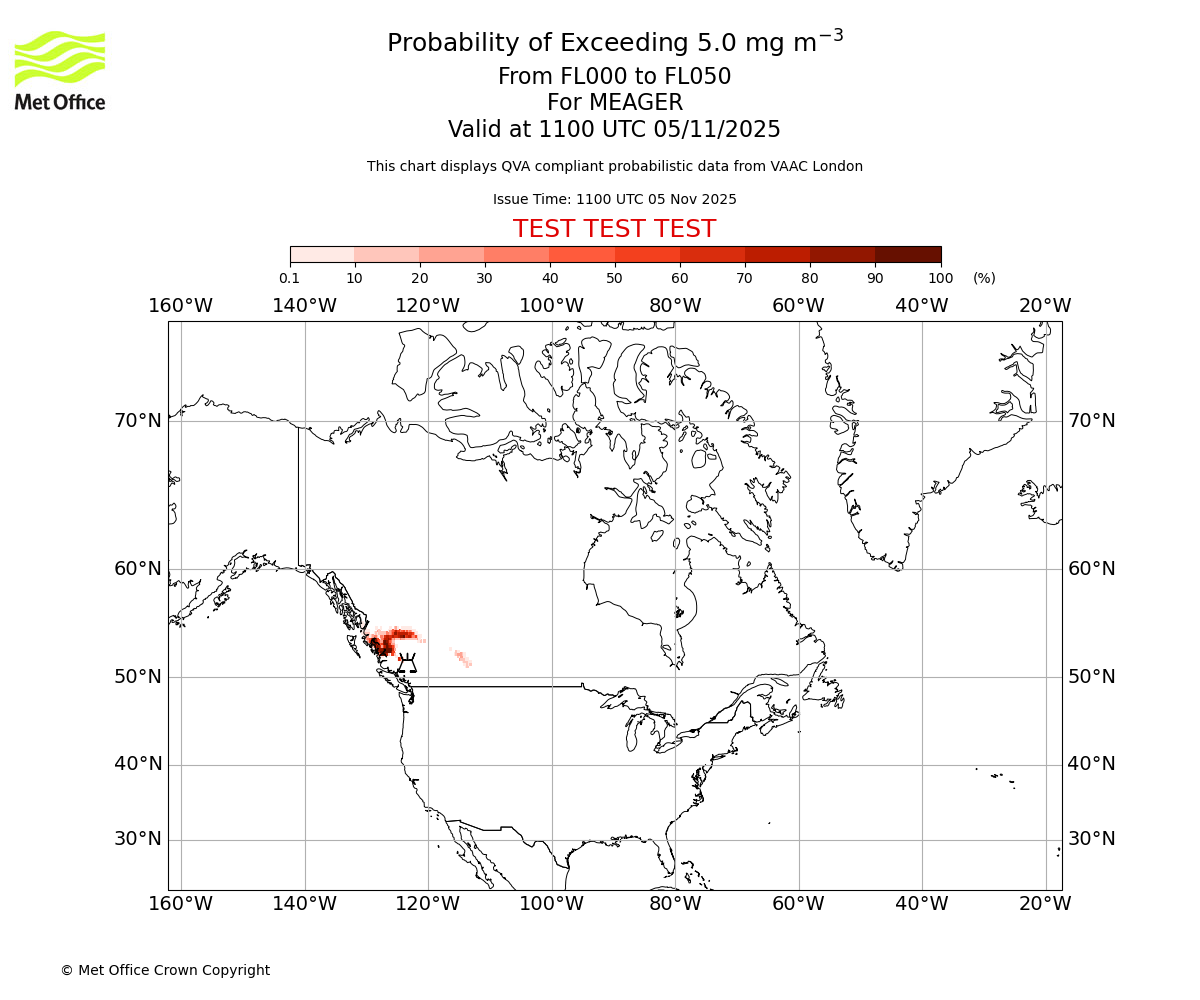 Probability of exceeding 5.0 milligrams per metre cubed. From 000 to 050 for MEAGER. Valid at 1100 UTC 05/11/2025