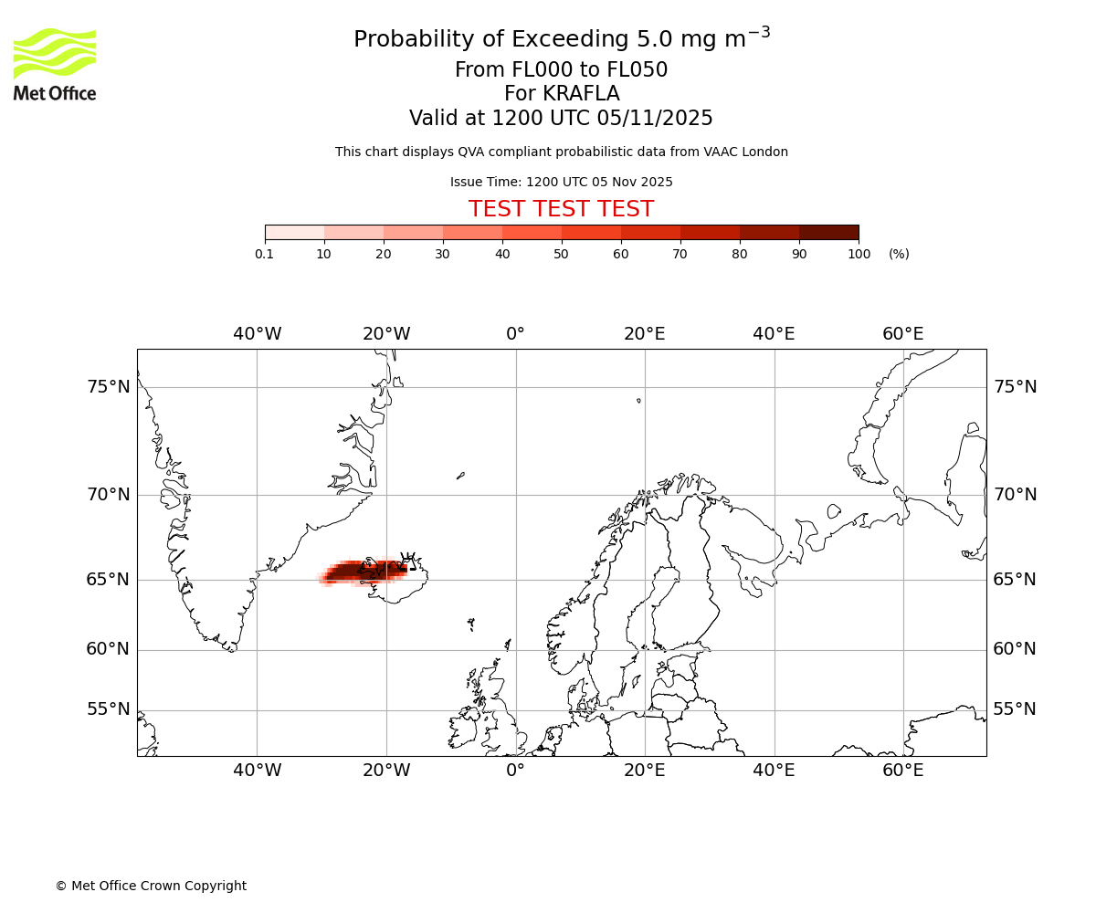 Probability of exceeding 5.0 milligrams per metre cubed. From 000 to 050 for KRAFLA. Valid at 1200 UTC 05/11/2025