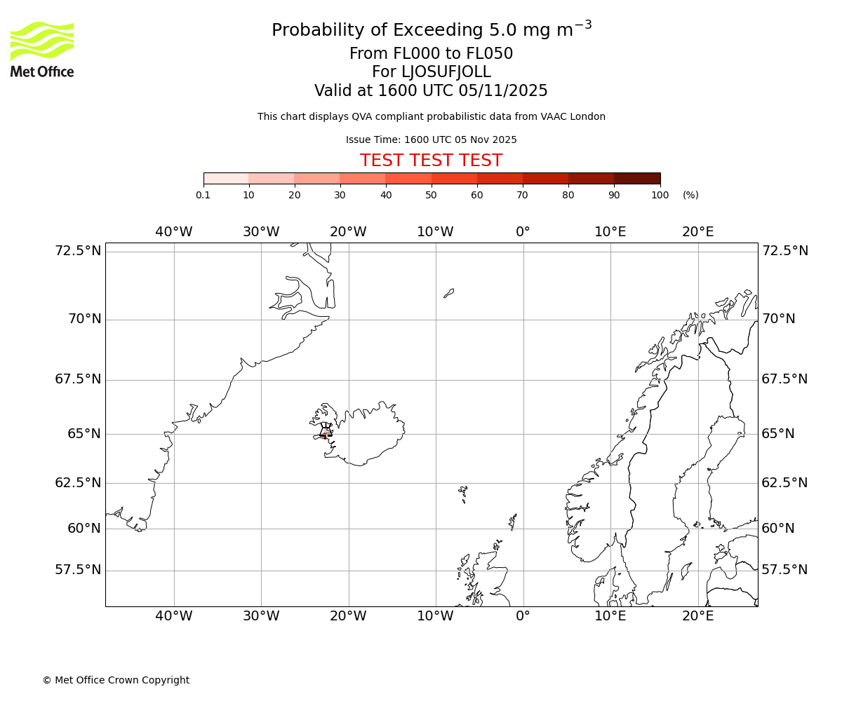 Probability of exceeding 5.0 milligrams per metre cubed. From 000 to 050 for LJOSUFJOLL. Valid at 1600 UTC 05/11/2025