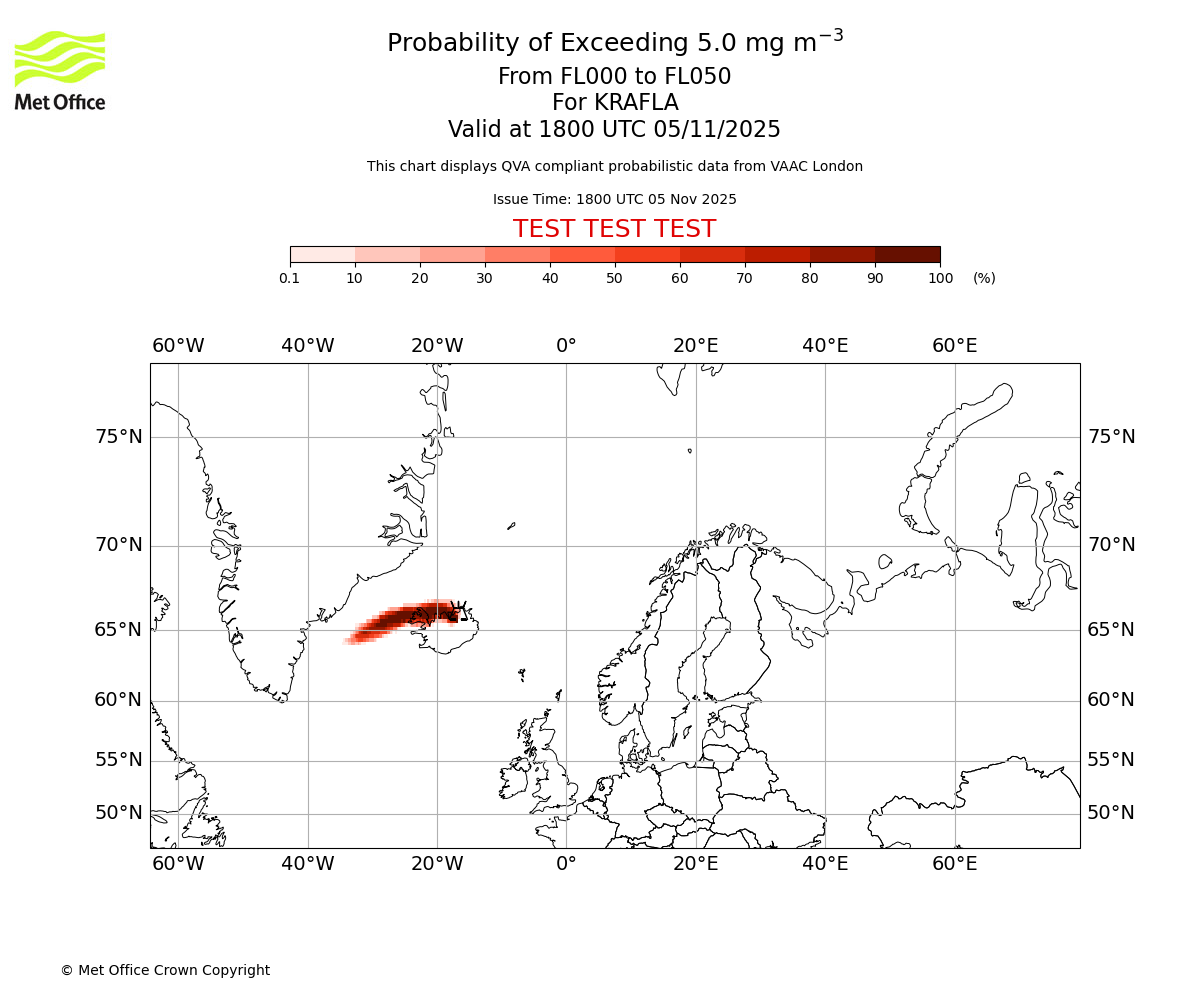 Probability of exceeding 5.0 milligrams per metre cubed. From 000 to 050 for KRAFLA. Valid at 1800 UTC 05/11/2025