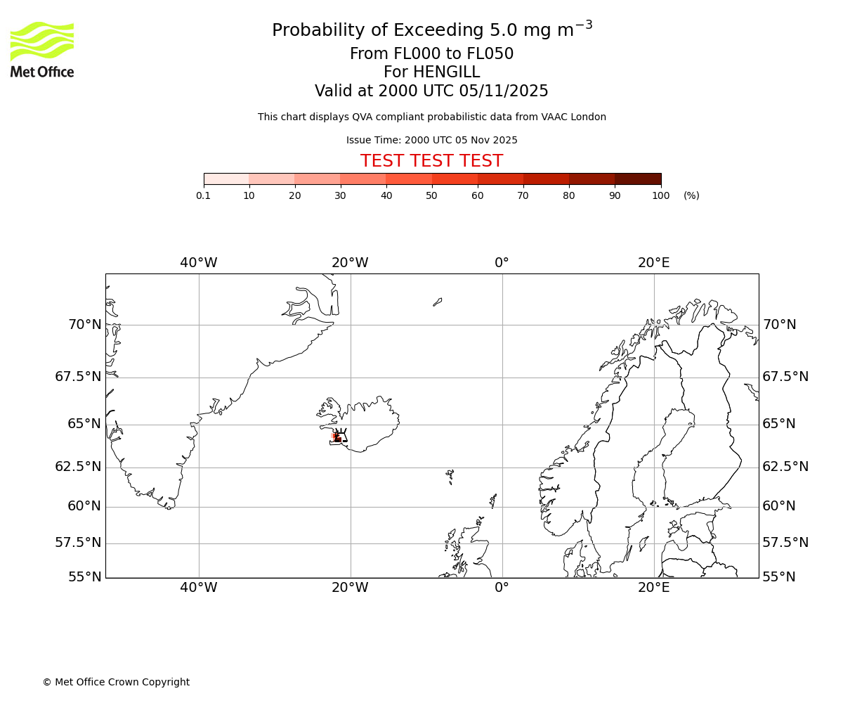 Probability of exceeding 5.0 milligrams per metre cubed. From 000 to 050 for HENGILL. Valid at 2000 UTC 05/11/2025