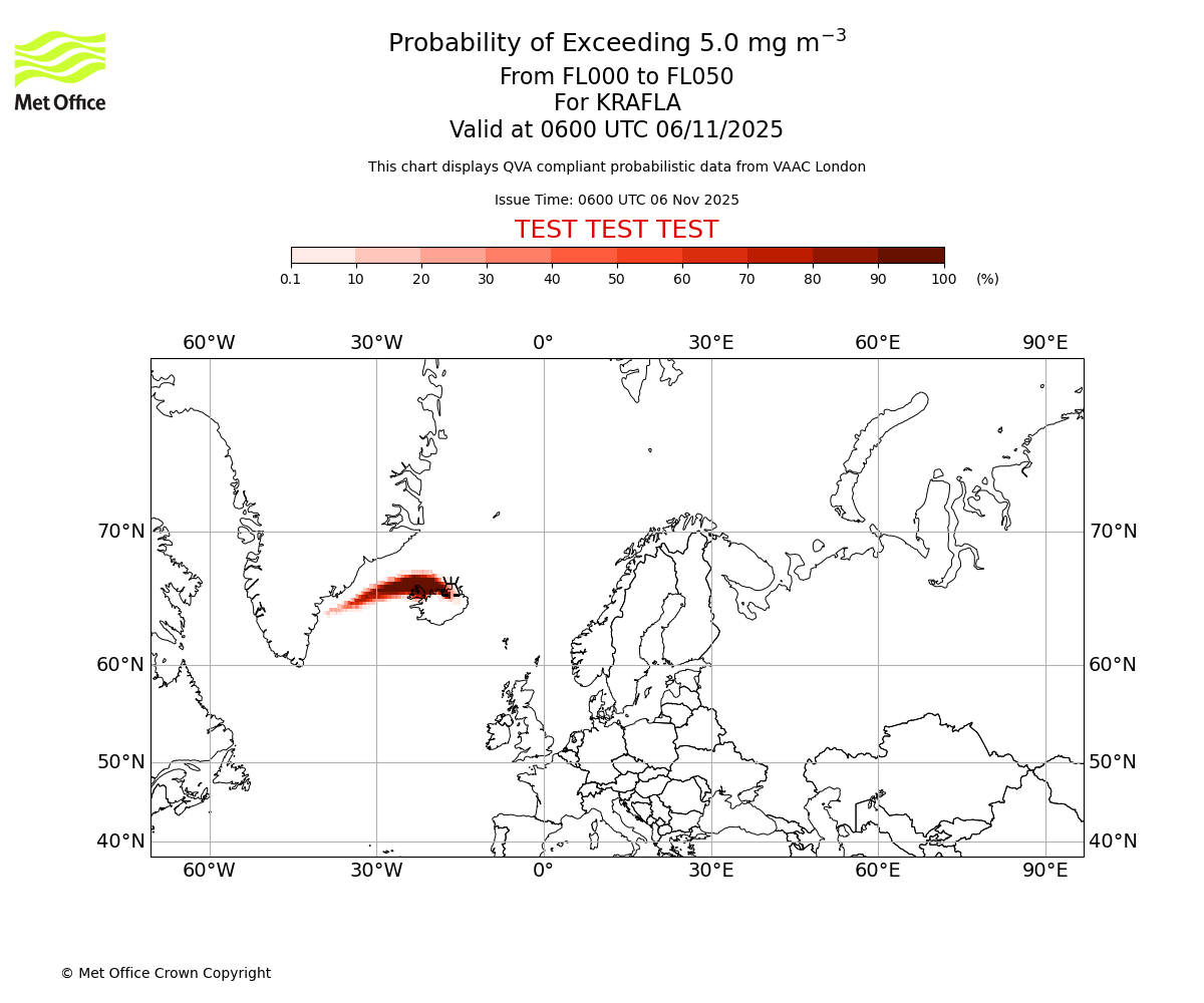 Probability of exceeding 5.0 milligrams per metre cubed. From 000 to 050 for KRAFLA. Valid at 0600 UTC 06/11/2025