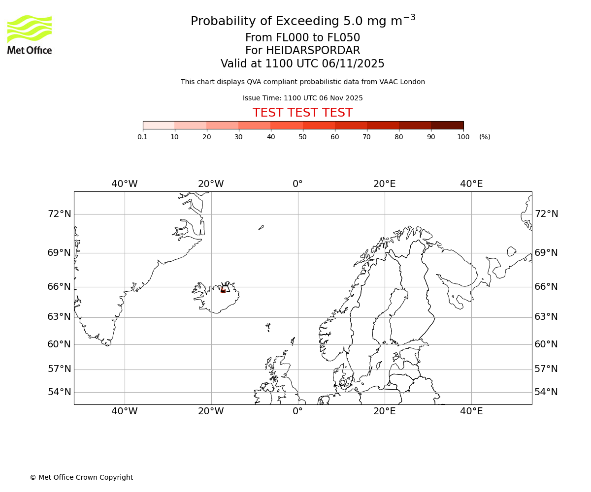 Probability of exceeding 5.0 milligrams per metre cubed. From 000 to 050 for HEIDARSPORDAR. Valid at 1100 UTC 06/11/2025