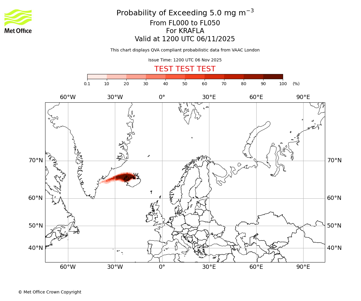 Probability of exceeding 5.0 milligrams per metre cubed. From 000 to 050 for KRAFLA. Valid at 1200 UTC 06/11/2025