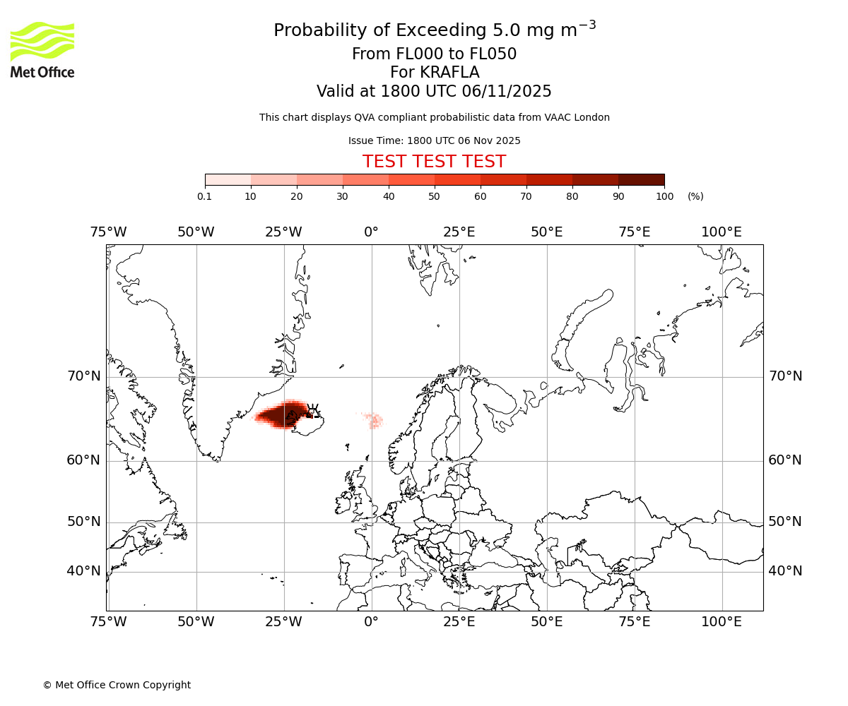Probability of exceeding 5.0 milligrams per metre cubed. From 000 to 050 for KRAFLA. Valid at 1800 UTC 06/11/2025