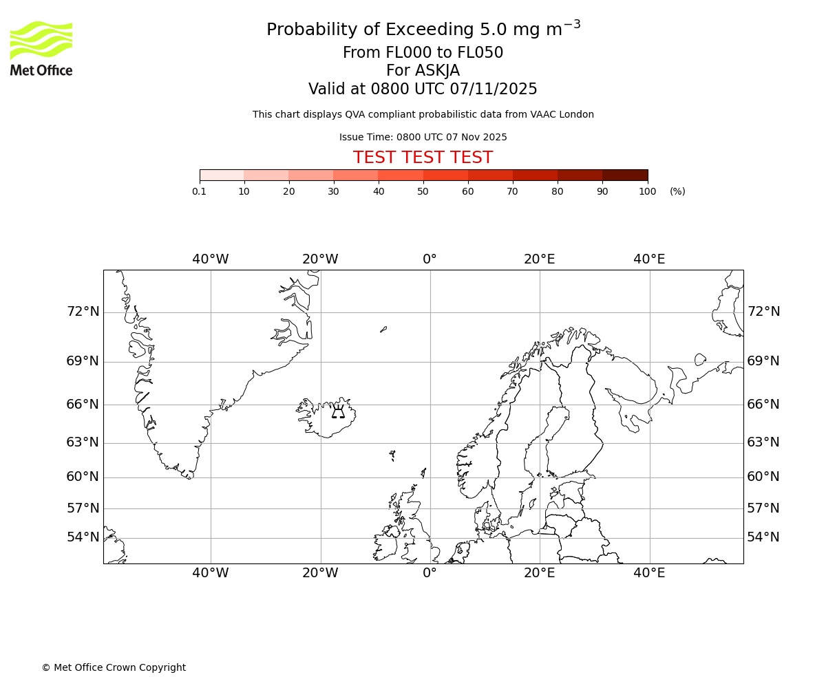Probability of exceeding 5.0 milligrams per metre cubed. From 000 to 050 for ASKJA. Valid at 0800 UTC 07/11/2025