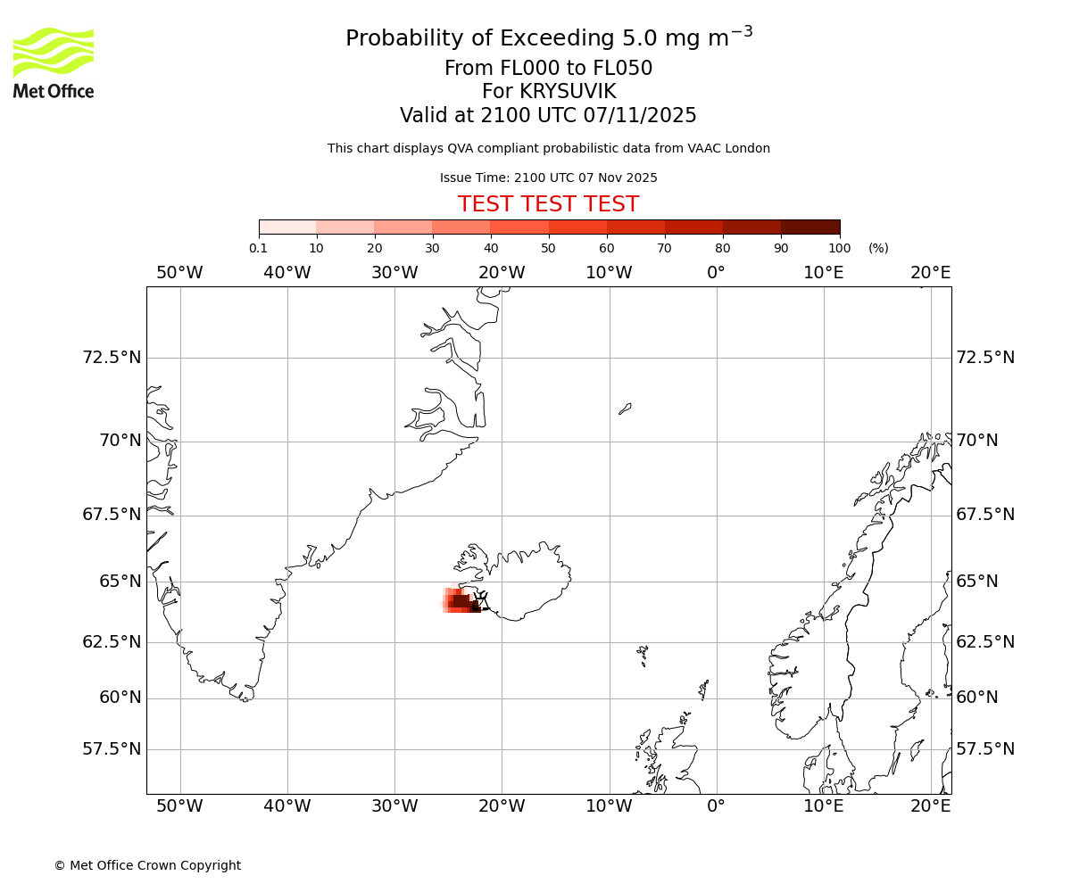 Probability of exceeding 5.0 milligrams per metre cubed. From 000 to 050 for KRYSUVIK. Valid at 2100 UTC 07/11/2025