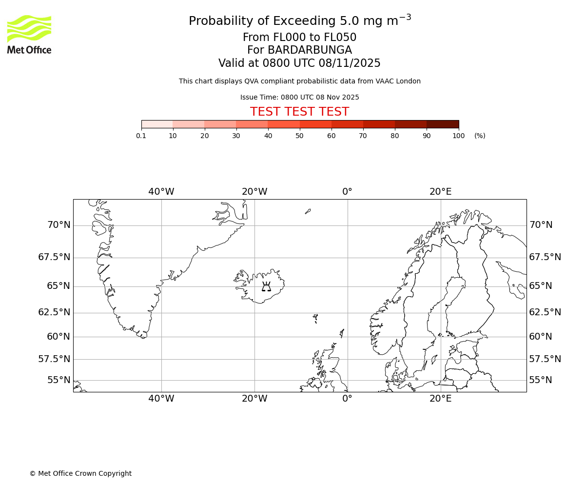 Probability of exceeding 5.0 milligrams per metre cubed. From 000 to 050 for BARDARBUNGA. Valid at 0800 UTC 08/11/2025