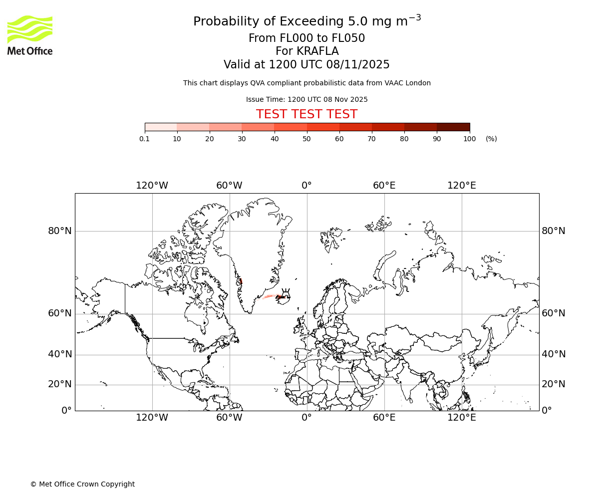 Probability of exceeding 5.0 milligrams per metre cubed. From 000 to 050 for KRAFLA. Valid at 1200 UTC 08/11/2025