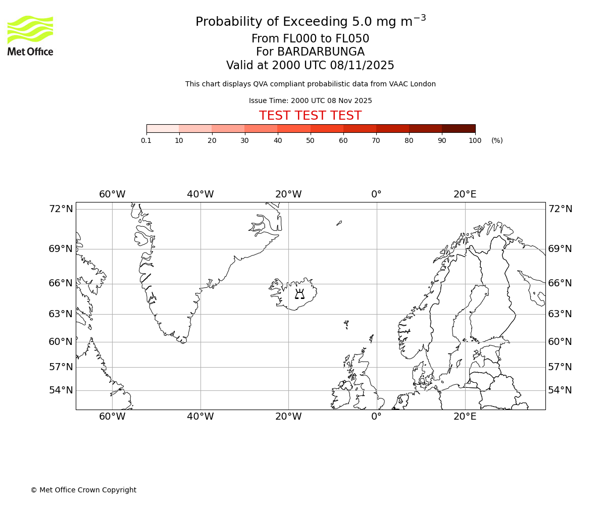 Probability of exceeding 5.0 milligrams per metre cubed. From 000 to 050 for BARDARBUNGA. Valid at 2000 UTC 08/11/2025