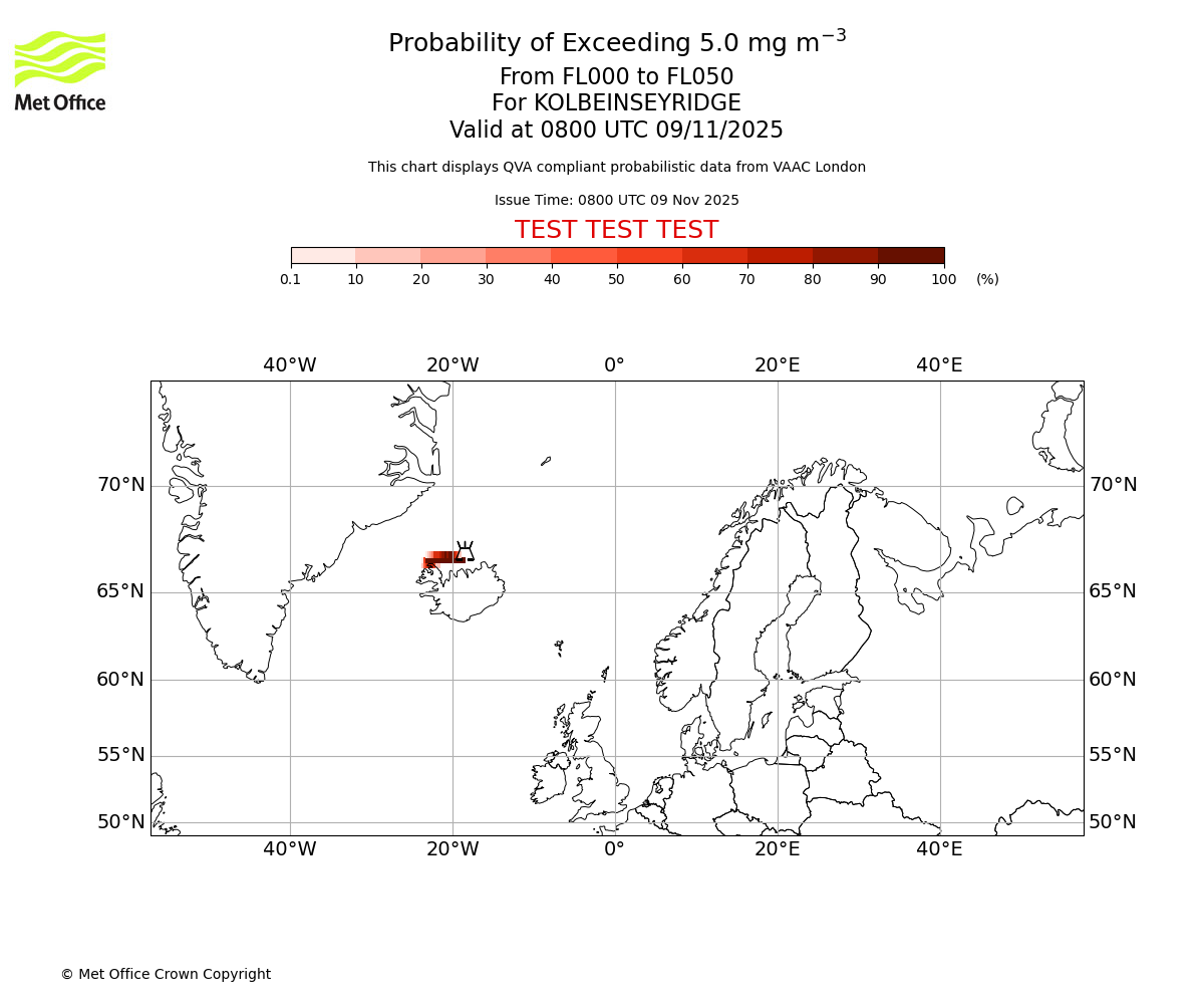 Probability of exceeding 5.0 milligrams per metre cubed. From 000 to 050 for KOLBEINSEYRIDGE. Valid at 0800 UTC 09/11/2025