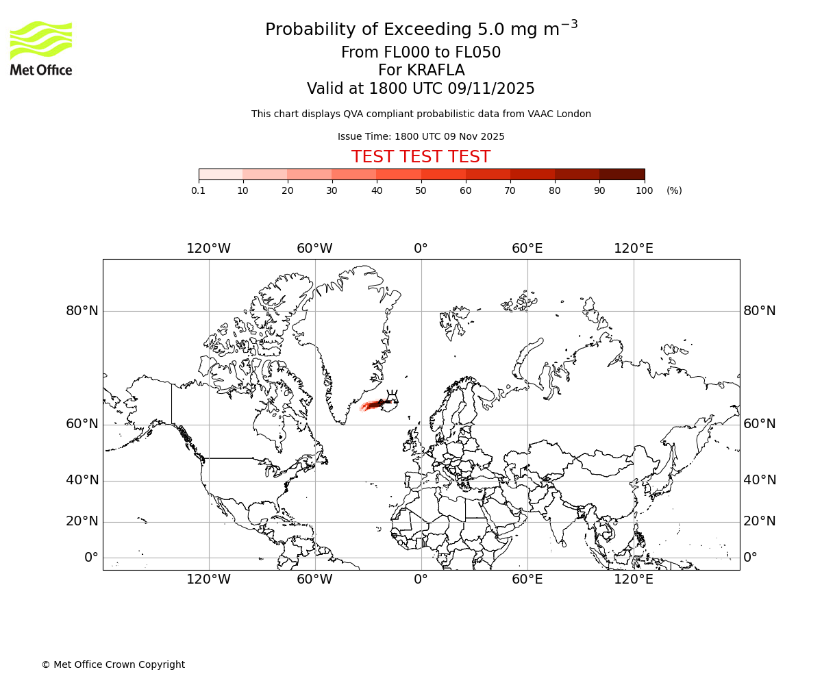 Probability of exceeding 5.0 milligrams per metre cubed. From 000 to 050 for KRAFLA. Valid at 1800 UTC 09/11/2025