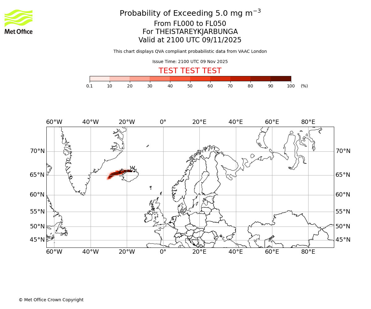 Probability of exceeding 5.0 milligrams per metre cubed. From 000 to 050 for THEISTAREYKJARBUNGA. Valid at 2100 UTC 09/11/2025