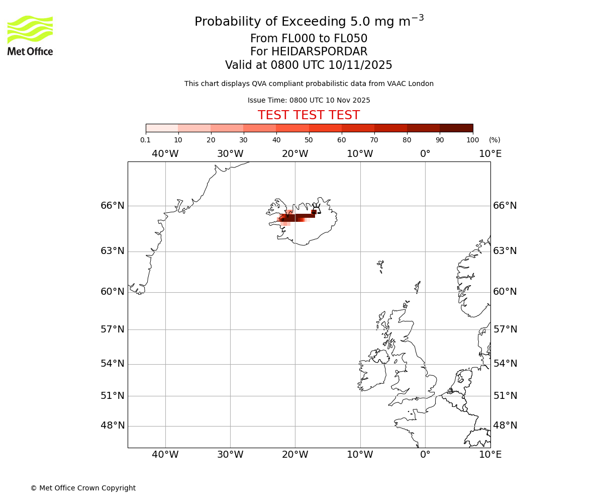 Probability of exceeding 5.0 milligrams per metre cubed. From 000 to 050 for HEIDARSPORDAR. Valid at 0800 UTC 10/11/2025