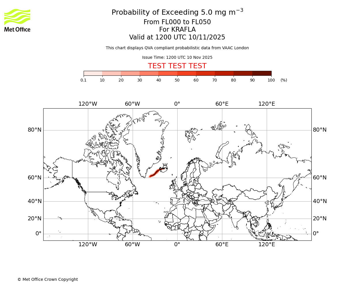 Probability of exceeding 5.0 milligrams per metre cubed. From 000 to 050 for KRAFLA. Valid at 1200 UTC 10/11/2025