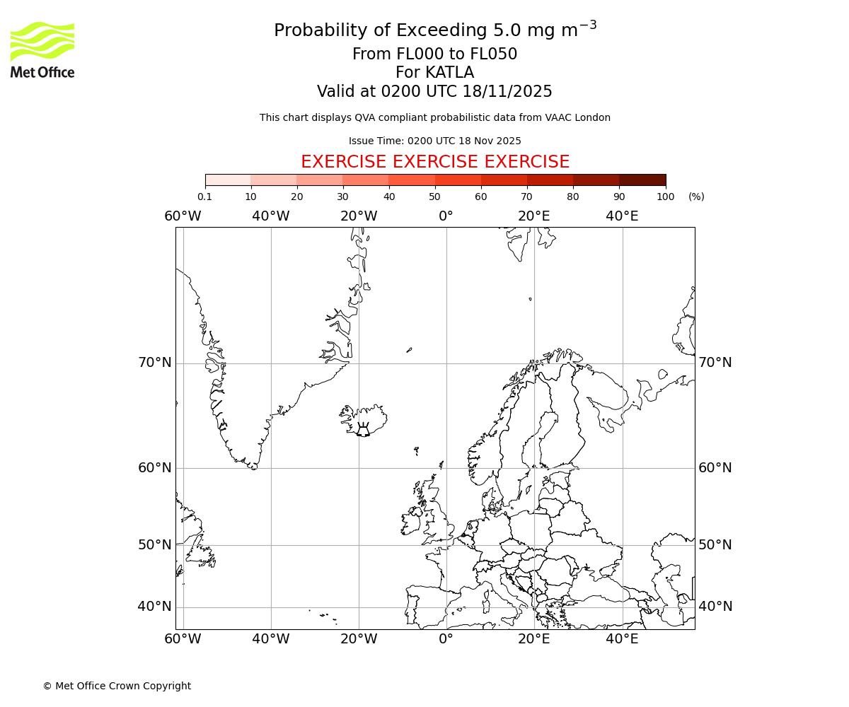 Probability of exceeding 5.0 milligrams per metre cubed. From 000 to 050 for KATLA. Valid at 0200 UTC 18/11/2025
