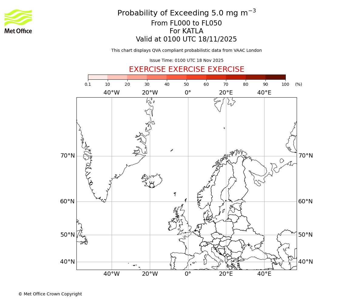 Probability of exceeding 5.0 milligrams per metre cubed. From 000 to 050 for KATLA. Valid at 0100 UTC 18/11/2025