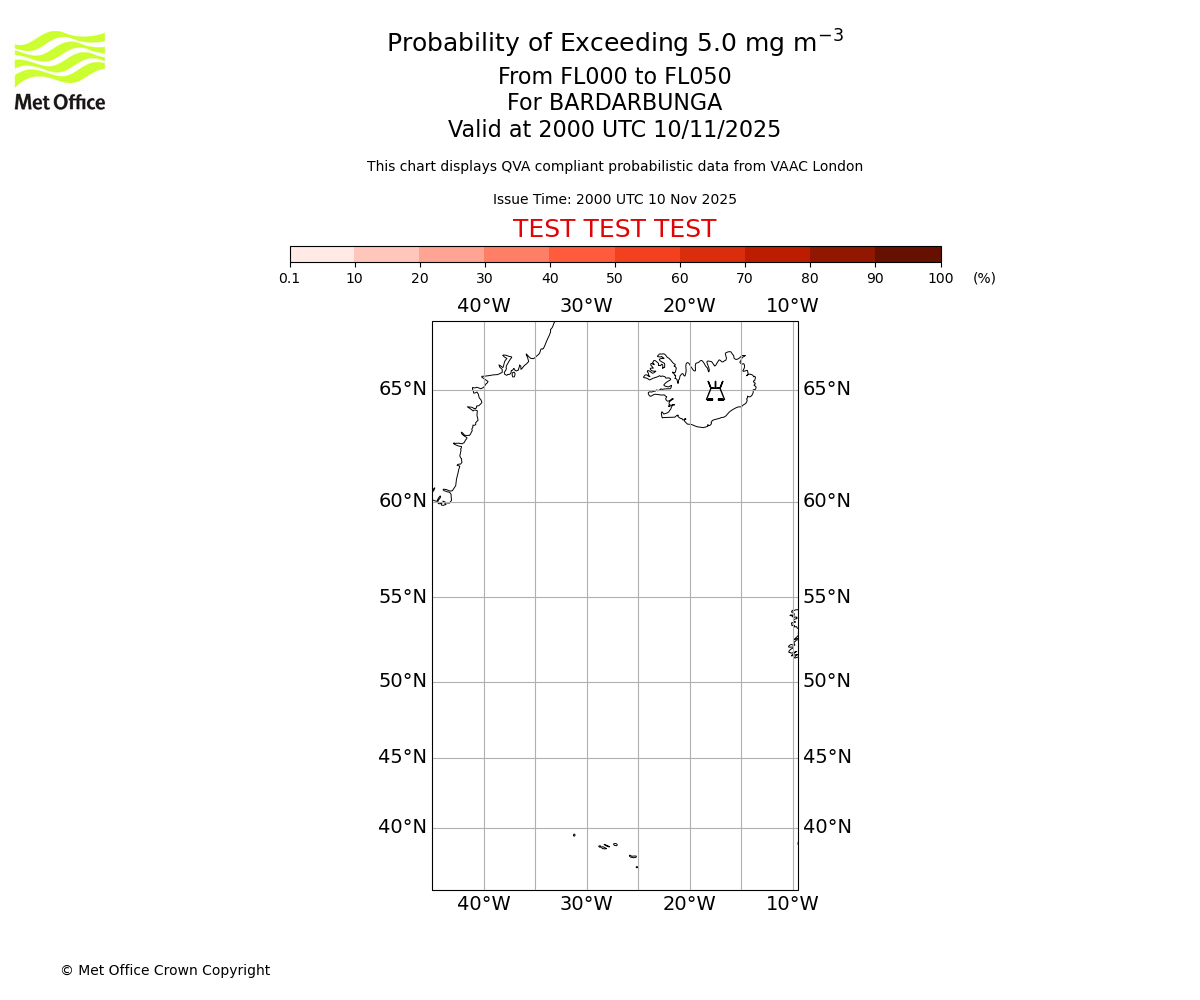 Probability of exceeding 5.0 milligrams per metre cubed. From 000 to 050 for BARDARBUNGA. Valid at 2000 UTC 10/11/2025