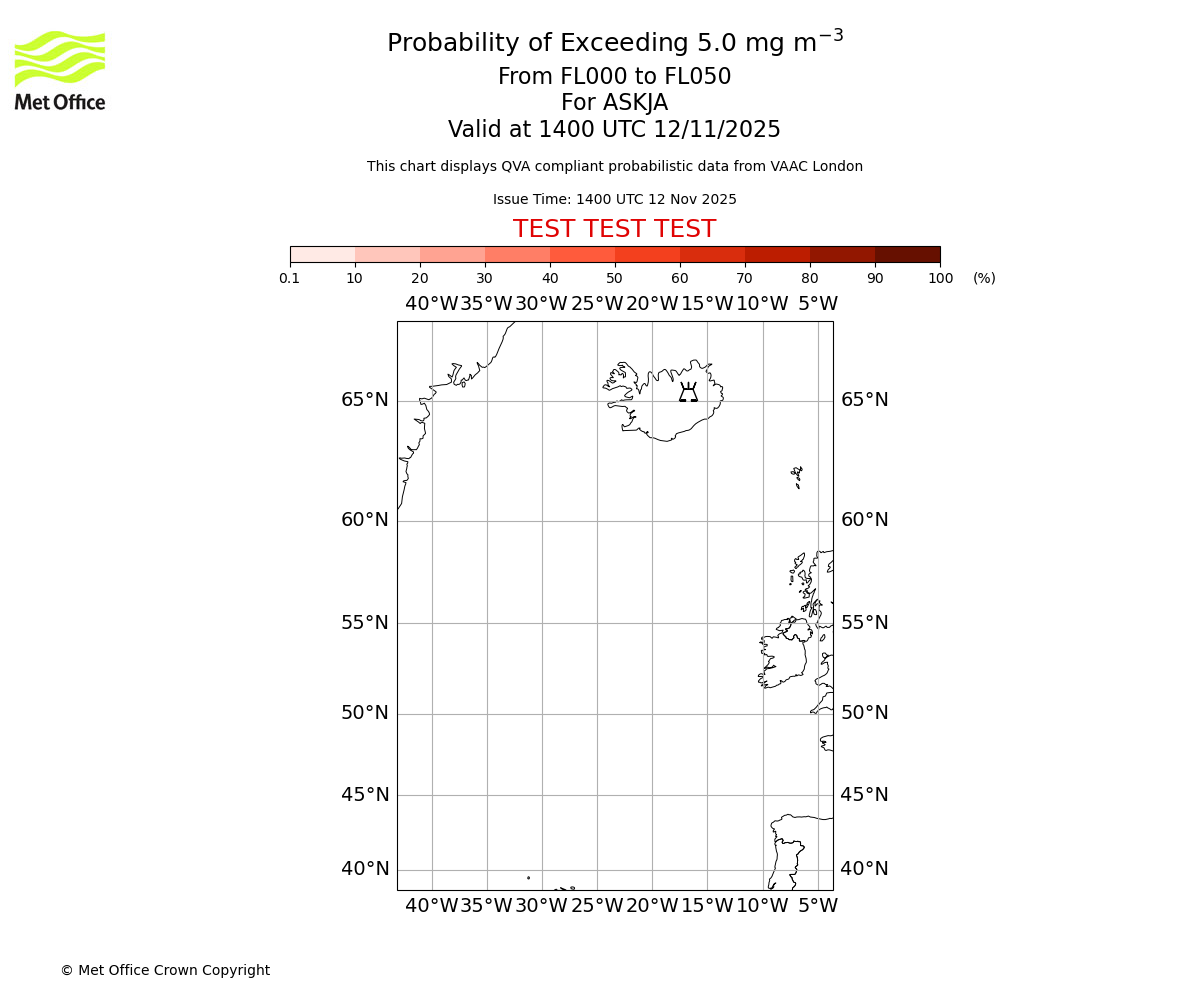 Probability of exceeding 5.0 milligrams per metre cubed. From 000 to 050 for ASKJA. Valid at 1400 UTC 12/11/2025