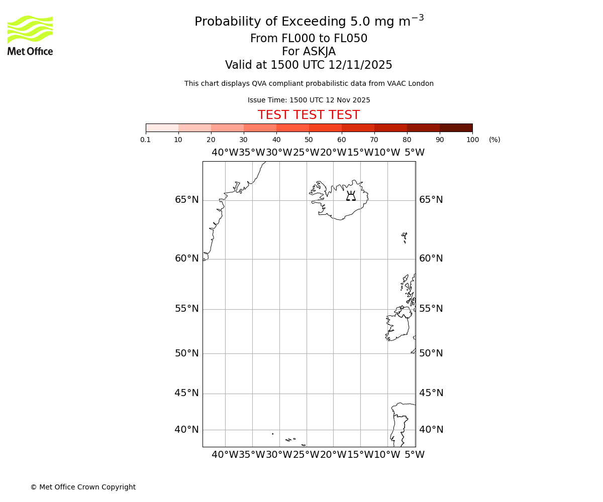Probability of exceeding 5.0 milligrams per metre cubed. From 000 to 050 for ASKJA. Valid at 1500 UTC 12/11/2025