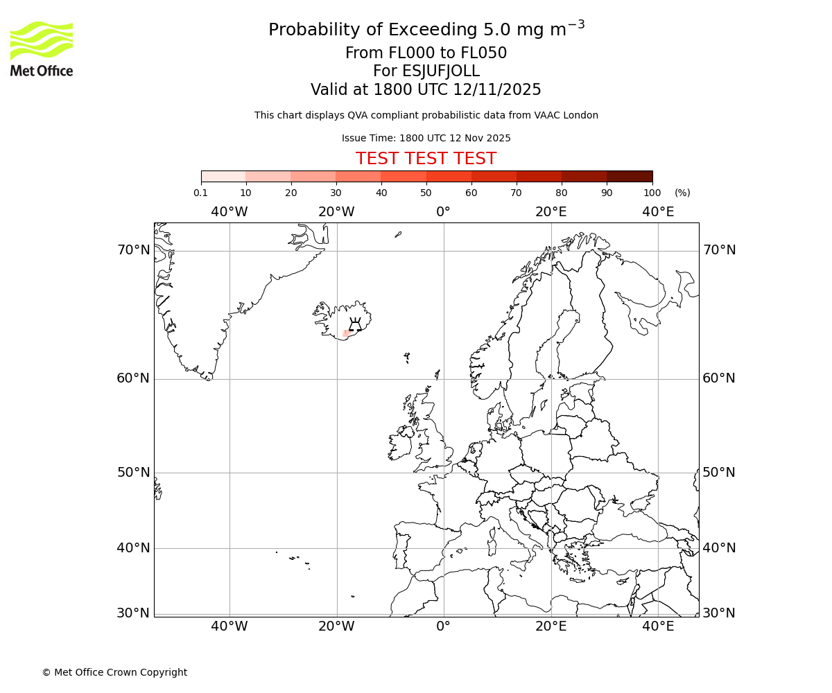 Probability of exceeding 5.0 milligrams per metre cubed. From 000 to 050 for ESJUFJOLL. Valid at 1800 UTC 12/11/2025