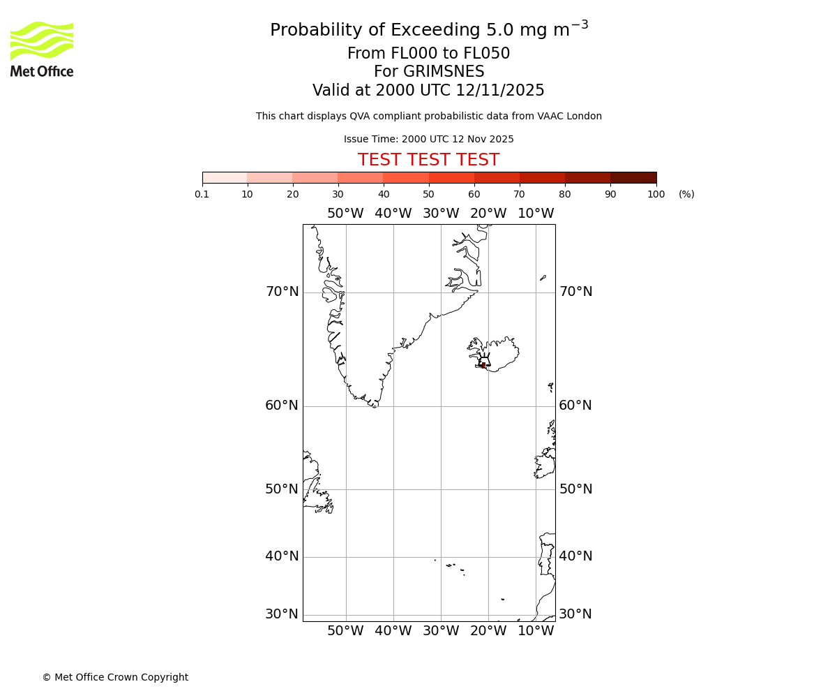 Probability of exceeding 5.0 milligrams per metre cubed. From 000 to 050 for GRIMSNES. Valid at 2000 UTC 12/11/2025