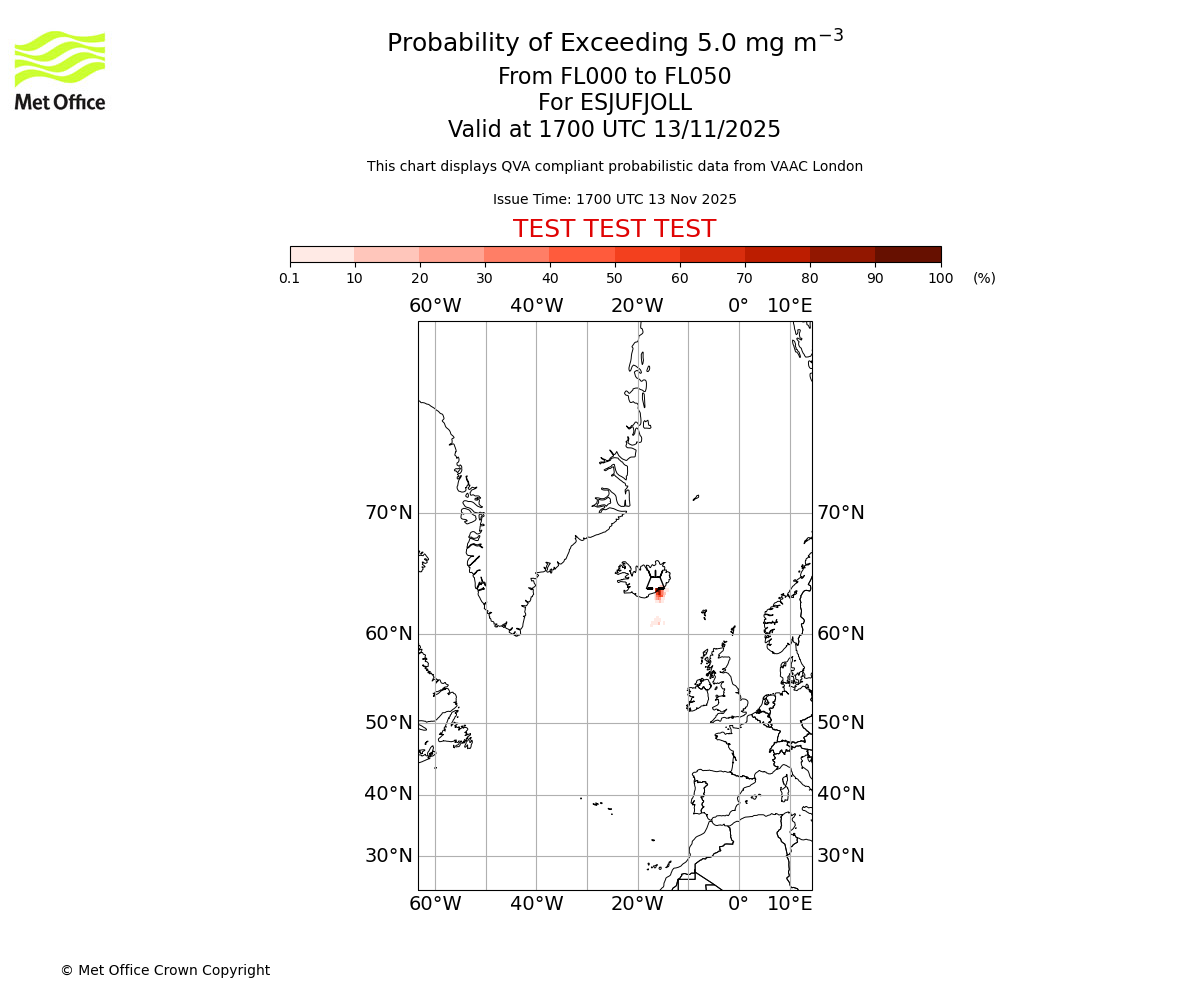 Probability of exceeding 5.0 milligrams per metre cubed. From 000 to 050 for ESJUFJOLL. Valid at 1700 UTC 13/11/2025