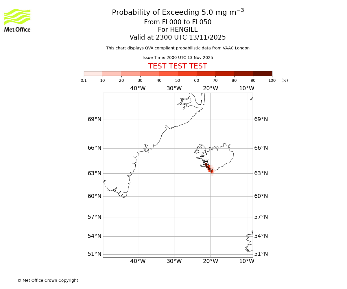 Probability of exceeding 5.0 milligrams per metre cubed. From 000 to 050 for HENGILL. Valid at 2300 UTC 13/11/2025