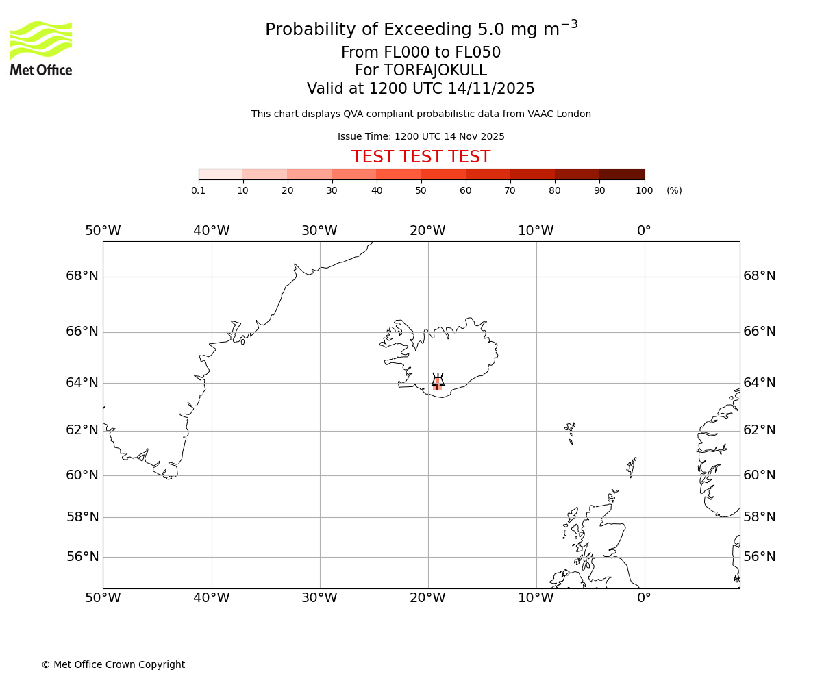 Probability of exceeding 5.0 milligrams per metre cubed. From 000 to 050 for TORFAJOKULL. Valid at 1200 UTC 14/11/2025