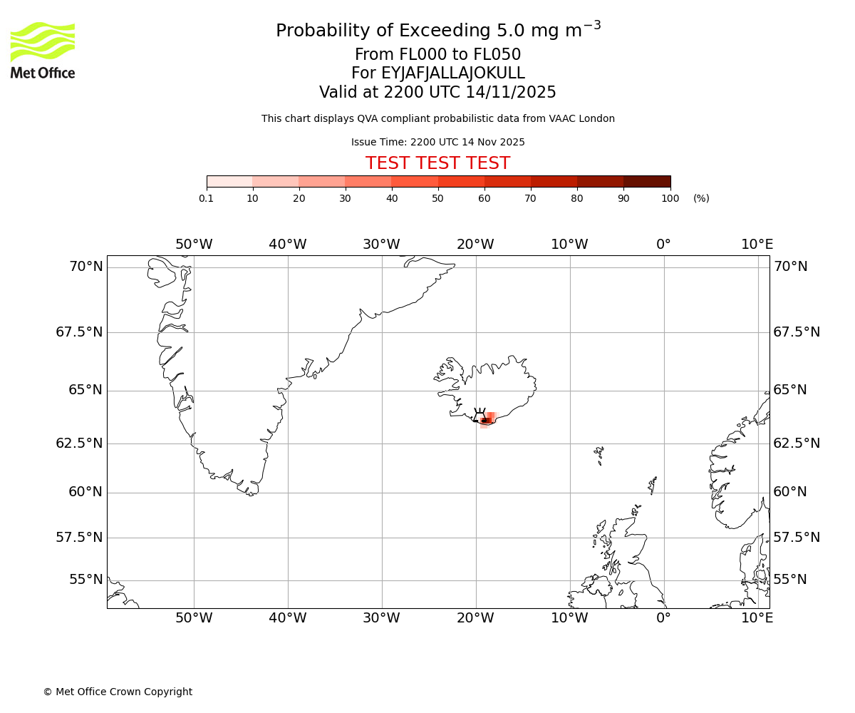 Probability of exceeding 5.0 milligrams per metre cubed. From 000 to 050 for EYJAFJALLAJOKULL. Valid at 2200 UTC 14/11/2025