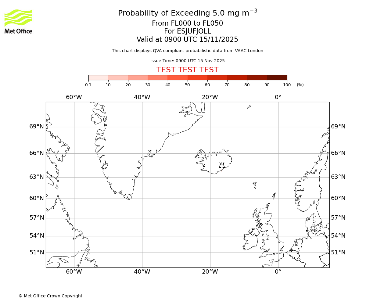 Probability of exceeding 5.0 milligrams per metre cubed. From 000 to 050 for ESJUFJOLL. Valid at 0900 UTC 15/11/2025