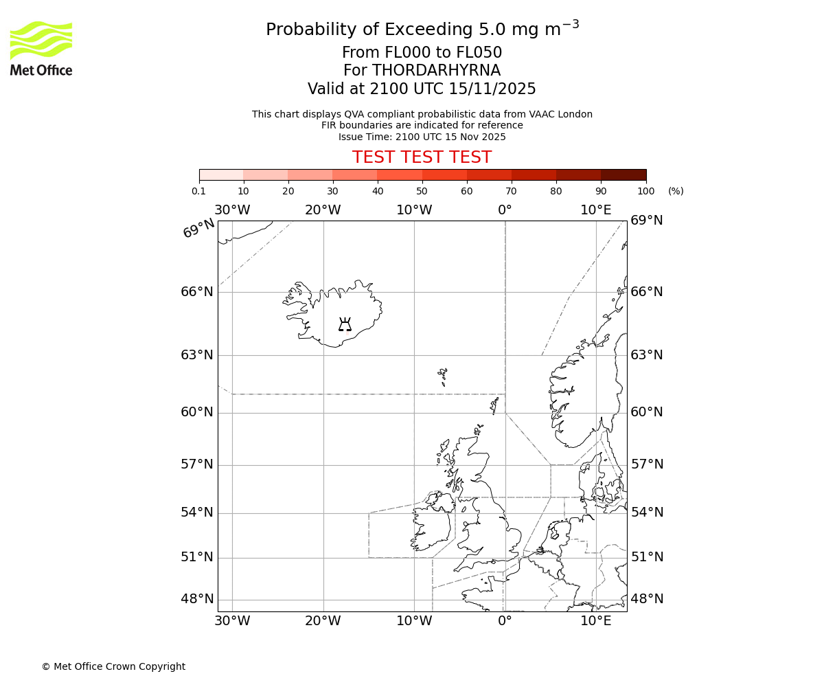 Probability of exceeding 5.0 milligrams per metre cubed. From 000 to 050 for THORDARHYRNA. Valid at 2100 UTC 15/11/2025