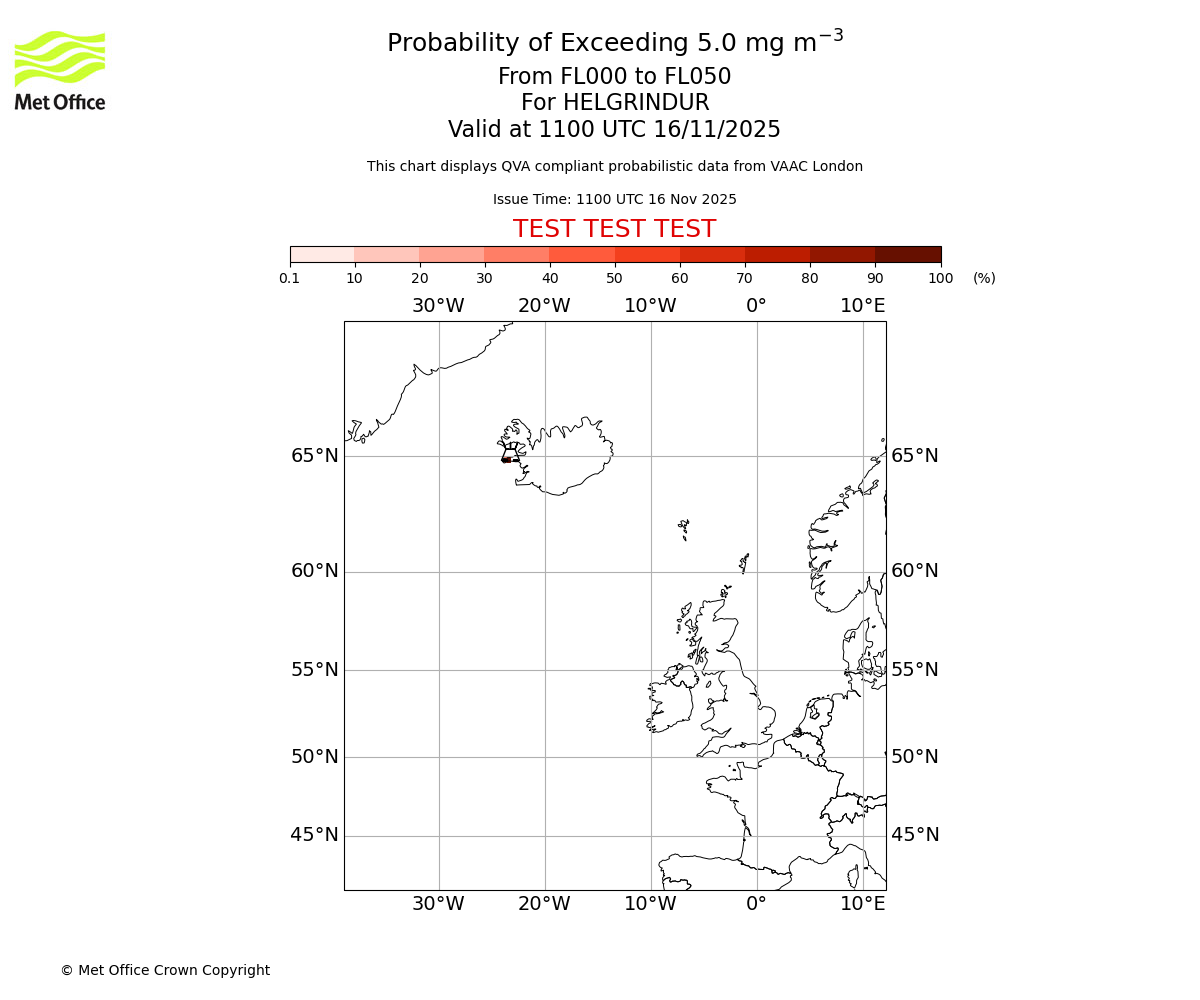 Probability of exceeding 5.0 milligrams per metre cubed. From 000 to 050 for HELGRINDUR. Valid at 1100 UTC 16/11/2025