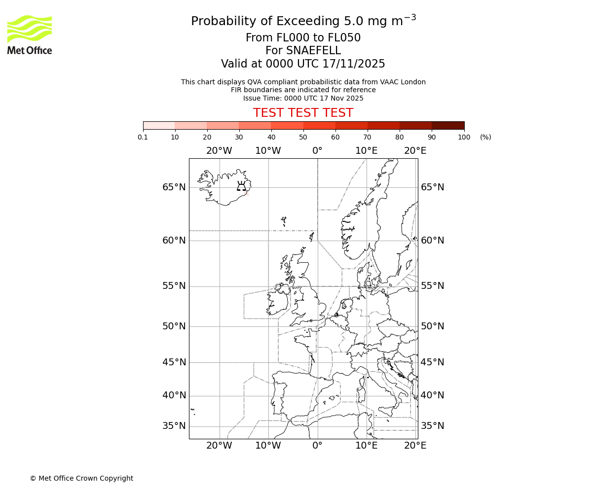 Probability of exceeding 5.0 milligrams per metre cubed. From 000 to 050 for SNAEFELL. Valid at 0000 UTC 17/11/2025