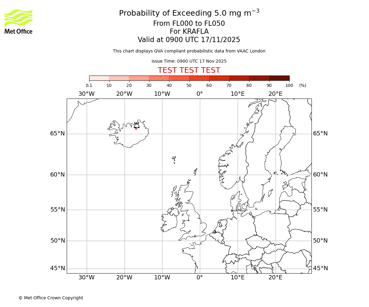 Probability of exceeding 5.0 milligrams per metre cubed. From 000 to 050 for KRAFLA. Valid at 0900 UTC 17/11/2025
